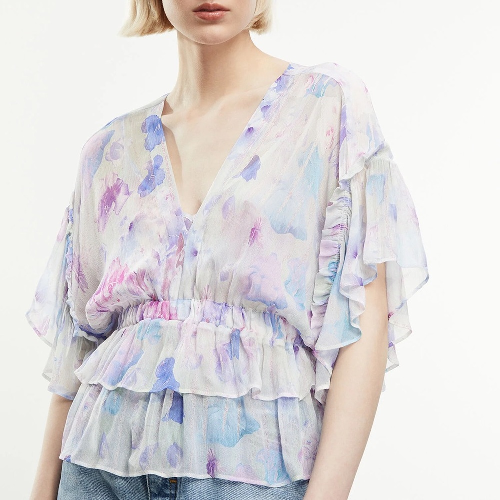 “The Kooples” Floral Ruffle Sleeve Women's Top with shoulder straps.